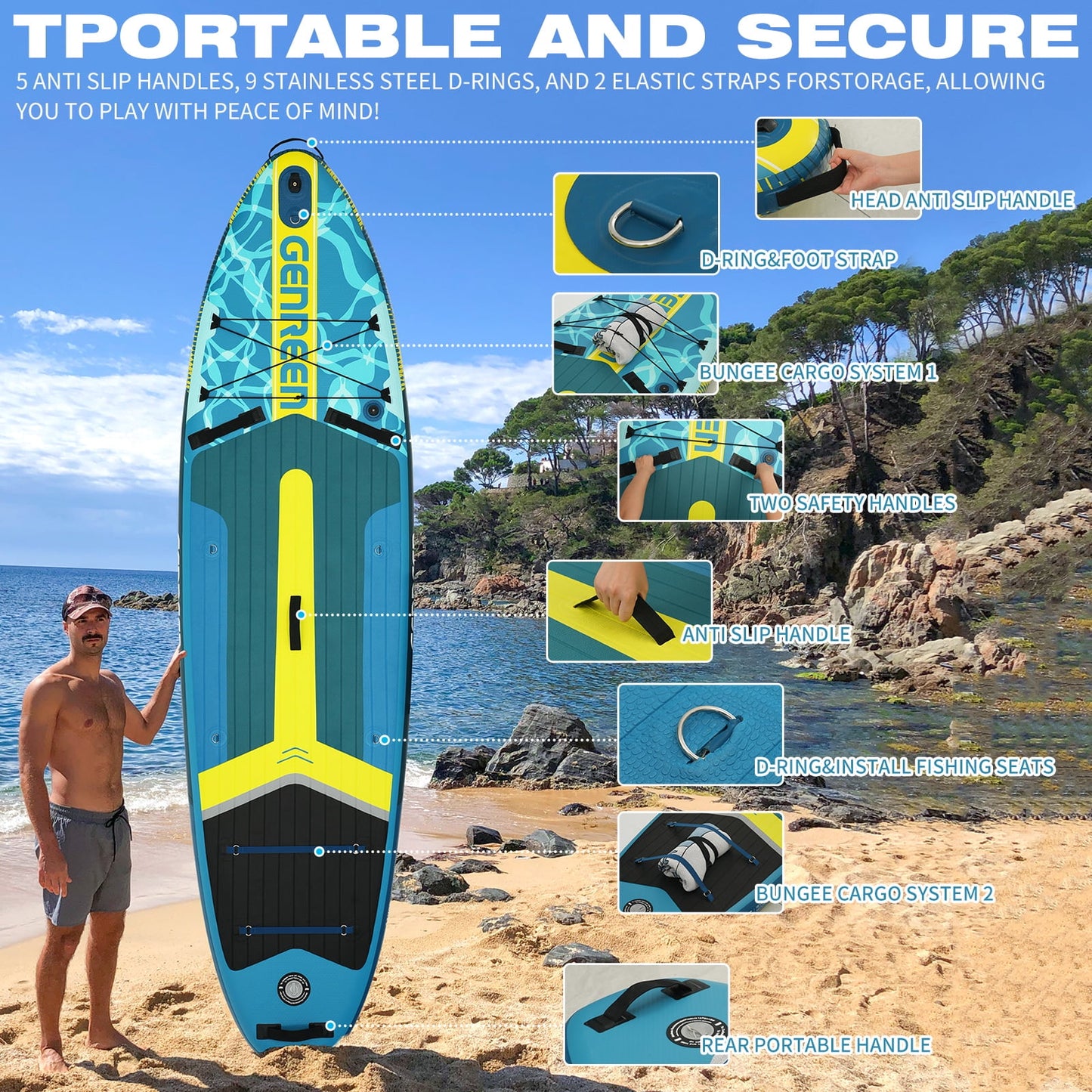 Genreen Inflatable Fishing Paddle Board 11" Stand up Paddle Board with Full SUP Premium Accessories